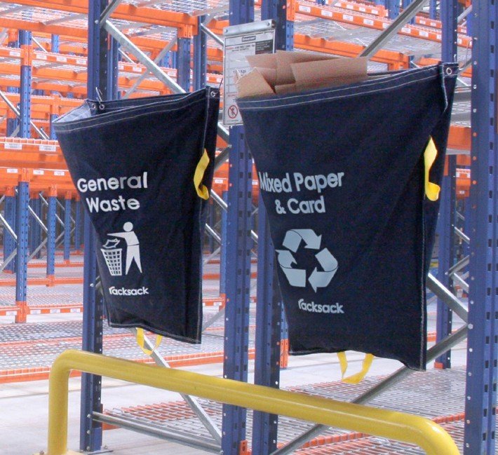 Two RackZone Racksack Mixed Recycling bags with hooks for warehouse waste sorting.