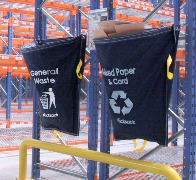 Two RackZone Racksack Mixed Recycling bags with hooks for warehouse waste sorting.