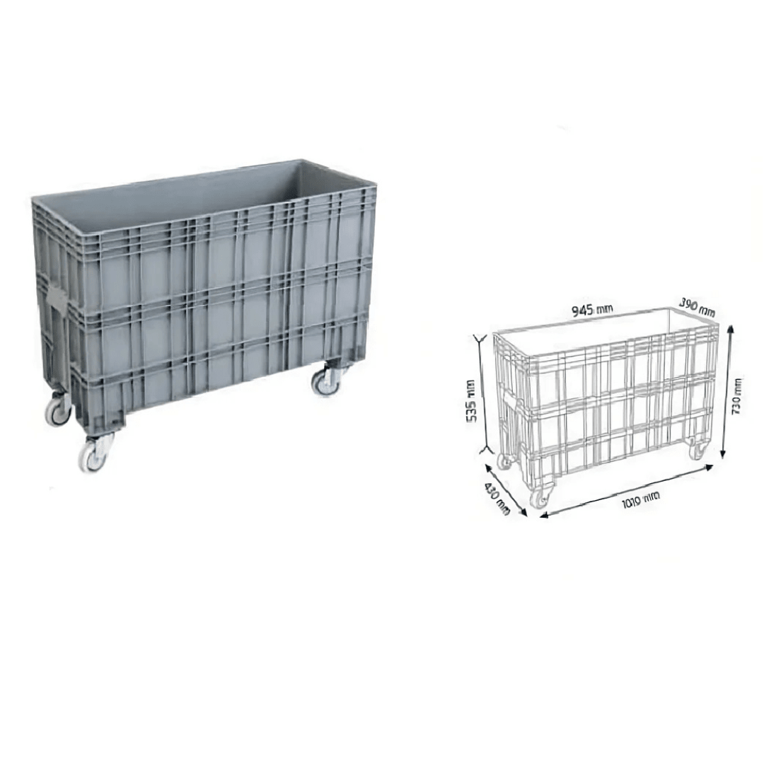RackZone Pallet Box with wheels, 220L, SCP121076G, external dimensions shown.