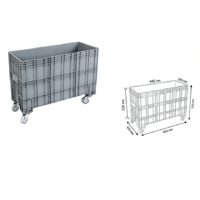 RackZone Pallet Box with wheels, 220L, SCP121076G, external dimensions shown.