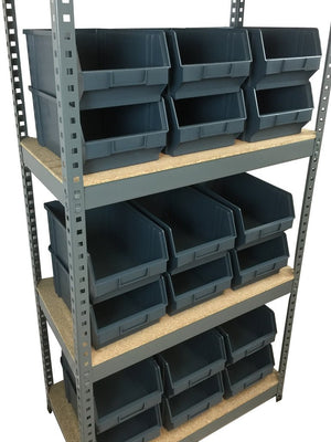RackZone Boltless Shelving 150KG with 21 bins, three shelf unit.