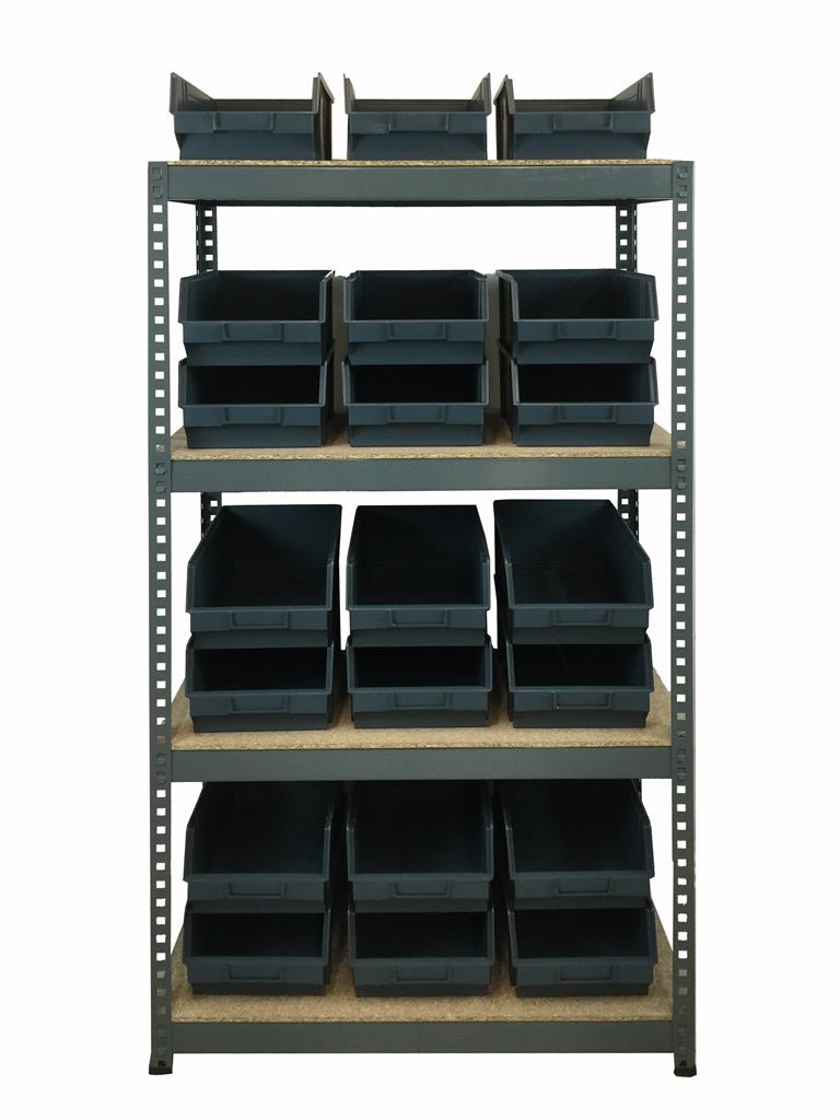 RackZone Boltless Shelving 150KG with 21 bins and four shelves.