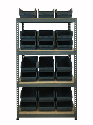RackZone Boltless Shelving 150KG with 21 bins and four shelves.