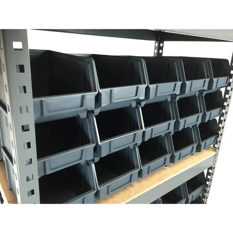 RackZone Galvanise Boltless Shelving with 48 plastic bins, 150kg capacity.
