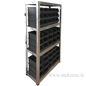 RackZone Galvanise Boltless Shelving 150KG with 48 plastic storage bins.