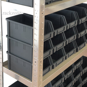 RackZone Galvanise Boltless Shelving with 48 plastic bins, 150kg capacity.