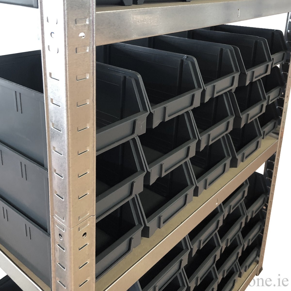 RackZone Galvanise Boltless Shelving with 48 plastic storage bins, 150KG load.