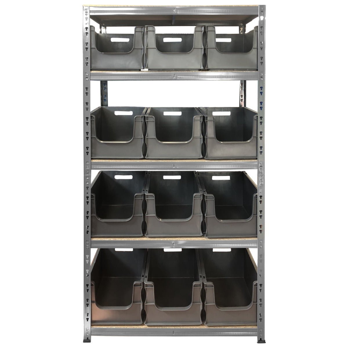 RackZone Value Shelving 175KG with 12 empty storage bins, four shelves.