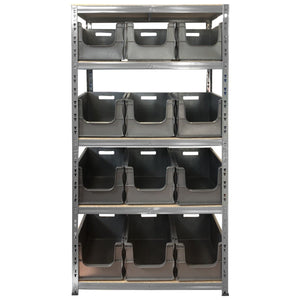 RackZone Value Shelving 175KG with 12 empty storage bins, four shelves.