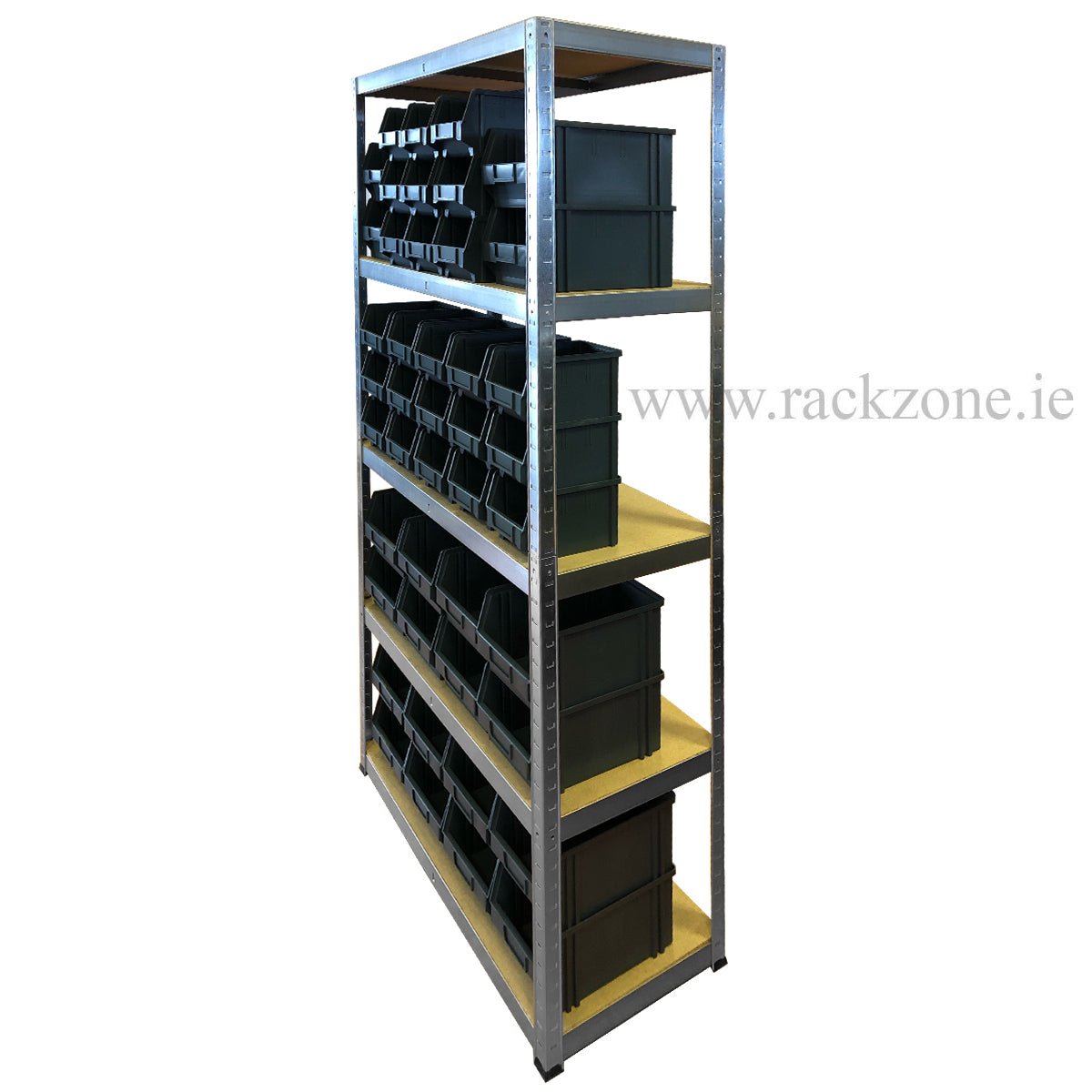 RackZone Value Shelving 175KG Grey with 45 storage bins, five wooden shelves.