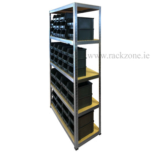 RackZone Value Shelving 175KG Grey with 45 storage bins, five wooden shelves.