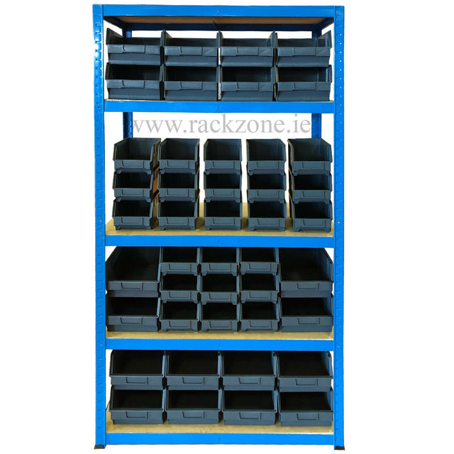 RackZone Value Shelving 175KG Grey with 45 storage bins for easy organization.