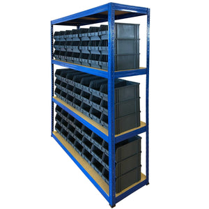 RackZone Value Shelving 300KG with 63 storage bins, blue frame and gray bins.