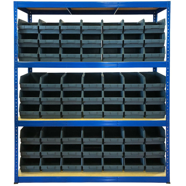 RackZone Value Shelving 300KG with 63 storage bins, blue metal combo.