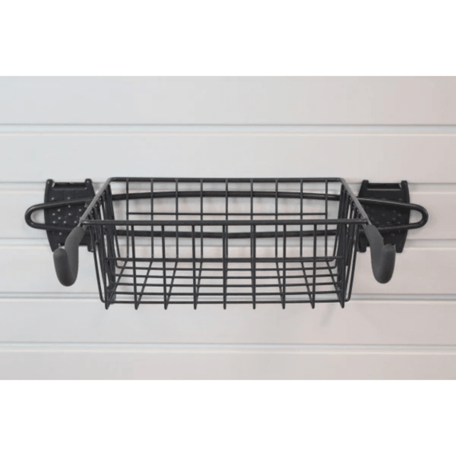 RackZone Slatwall Bike Rack in black metal on a white slat wall.
