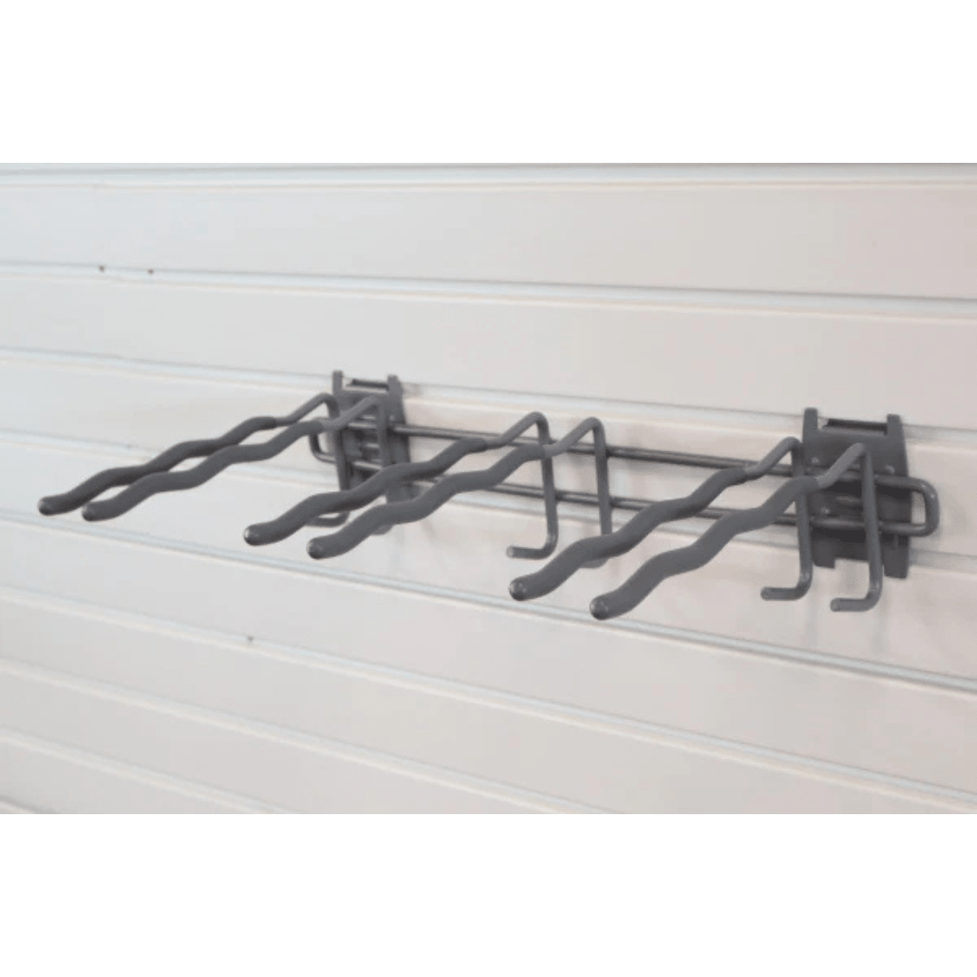 RackZone Slatwall Big Tool Rack has four wavy metal hooks for easy storage.