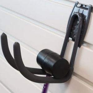 RackZone Slatwall Big Work Hook holds a rubber mallet; ideal for storage.