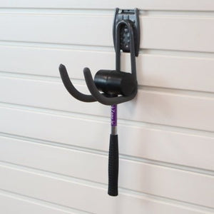 RackZone Slatwall Big Work Hook stores a rubber mallet on a slatwall panel.