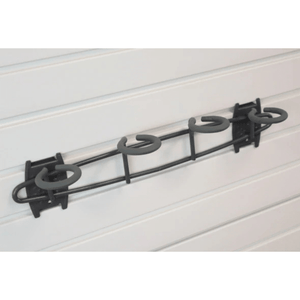 RackZone Slatwall Fish Hook: black wall rack with four gray rod holders.
