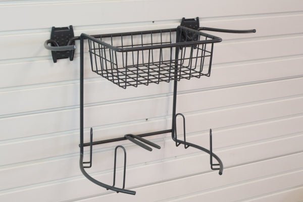 RackZone Slatwall Golf Rack with wire basket and hooks for storage.