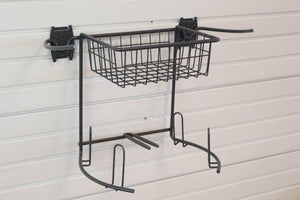 RackZone Slatwall Golf Rack with wire basket and hooks for storage.