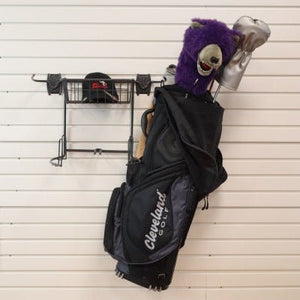 A Cleveland golf bag with llama cover hangs on a RackZone Slatwall Golf Rack.