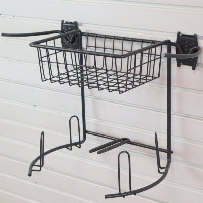 RackZone Slatwall Golf Rack with wire basket and hooks on a panel wall.