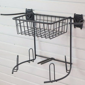 RackZone Slatwall Golf Rack with wire basket and hooks on a panel wall.