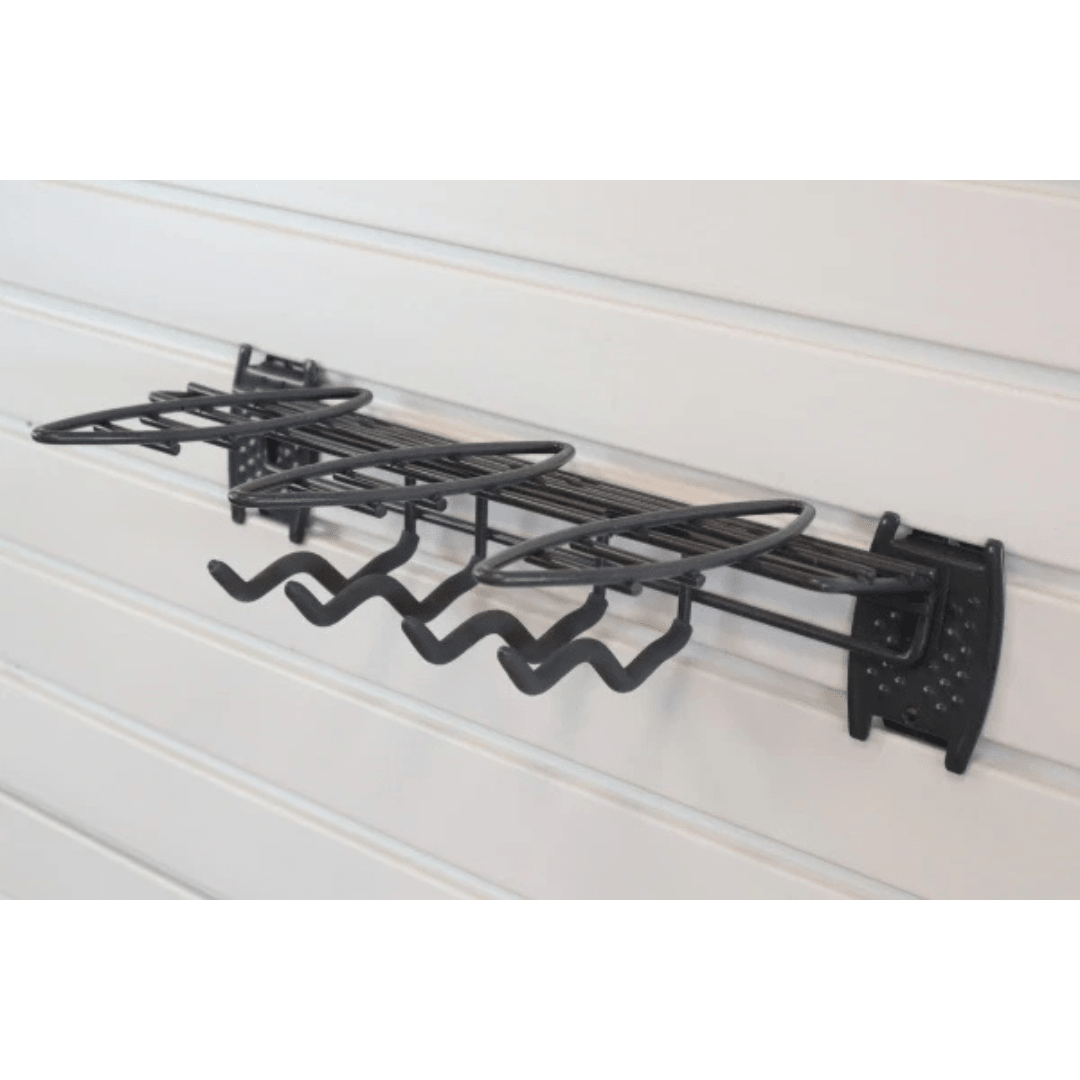 RackZone Slatwall Hand Tool Rack with hooks and shelves for garden sheds.