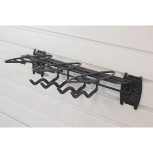 RackZone Slatwall Hand Tool Rack with hooks and shelves for garden sheds.