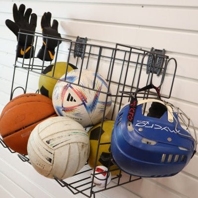 RackZone Slatwall Sports Rack stores balls, gloves, and helmets neatly.