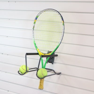 RackZone Slatwall Tennis Racket Rack for organized tennis equipment storage.