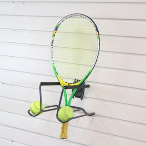 RackZone Slatwall Tennis Racket Rack for organized tennis equipment storage.