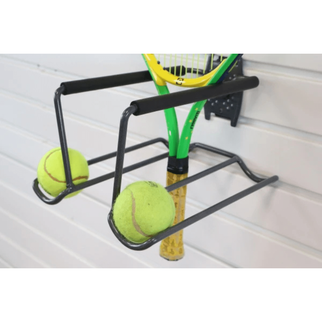 RackZone Slatwall Tennis Racket Rack for organized equipment storage.