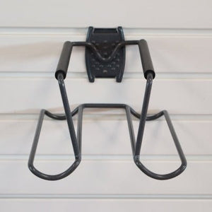 RackZone Slatwall Tennis Racket Rack with padded arms for wall storage.