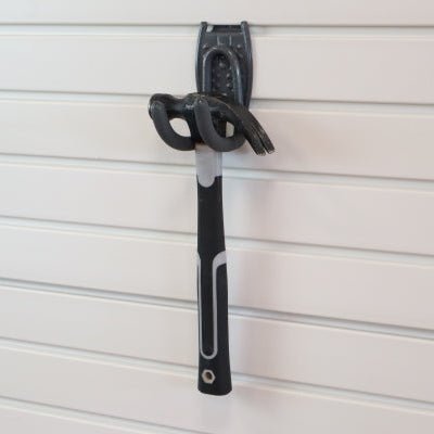 RackZone Slatwall Work Hook holds a hammer on white paneling.