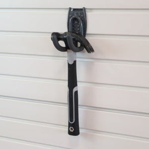 RackZone Slatwall Work Hook holds a hammer on white paneling.