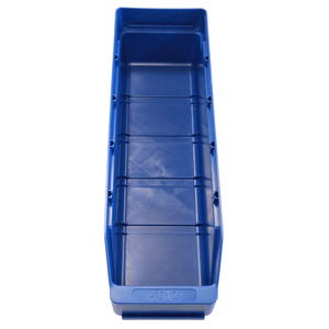 RackZone Standard Shelf Bin 400d x 113w x 85h, blue, ergonomic top view.