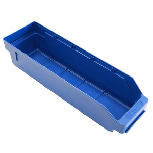 RackZone Standard Shelf Bin 400d x 113w x 85h, blue plastic, open top, sloped front.