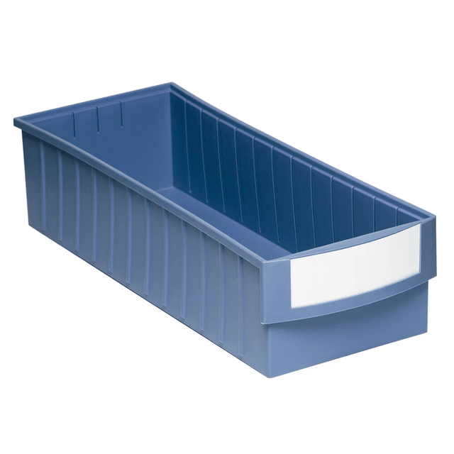 RackZone Standard Shelf Bin, blue plastic, with front white label and easy grip.