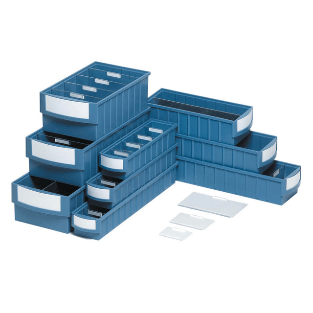 Six RackZone 113mm bin dividers, pack of 10, stacked blue shelf bins.