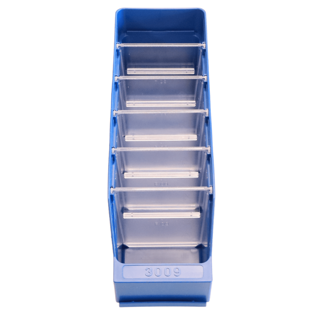 RackZone Standard Shelf Bin ST3009, blue, with 6 clear divider slots for storage.