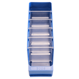 RackZone Standard Shelf Bin ST3009, blue, with 6 clear divider slots for storage.