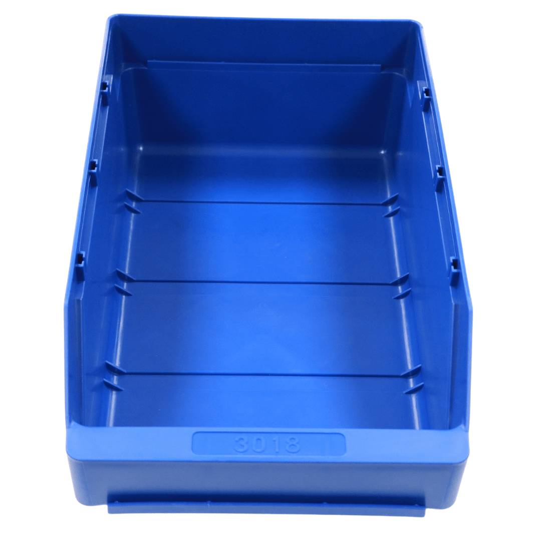 RackZone Standard Shelf Bin ST3018, blue, 300x180x95mm, empty and front-facing.