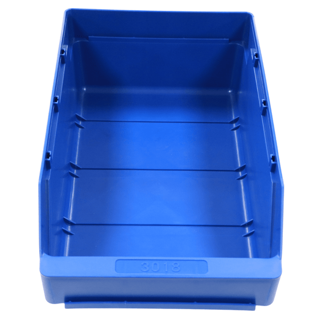 RackZone Standard Shelf Bin ST3018, blue, 300x180x95mm, empty and front-facing.