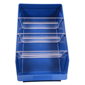 RackZone Standard Shelf Bin ST3018 blue with 3 dividers, top view.