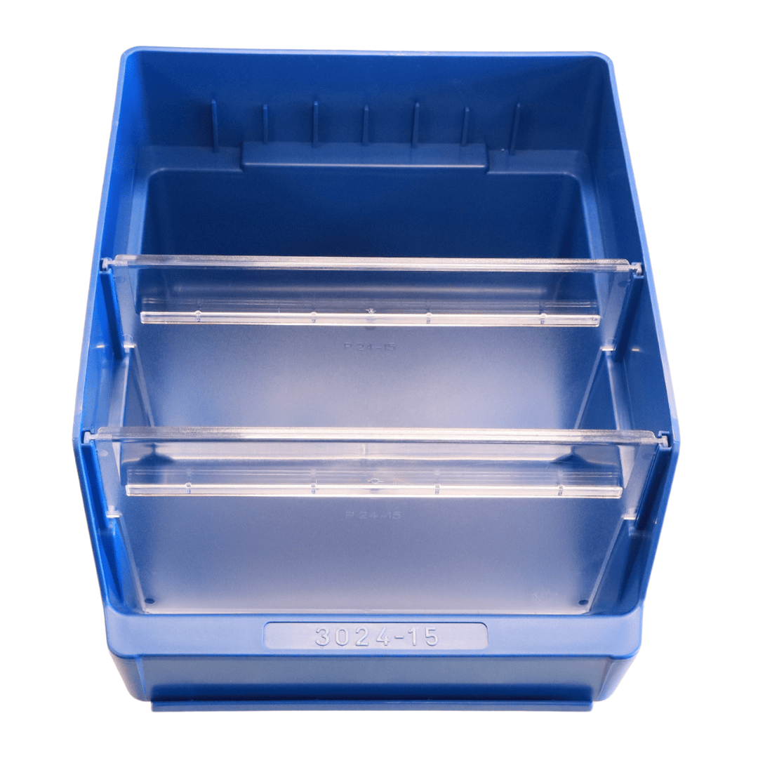 RackZone Blue ST3024-15 Shelf Bin with two clear dividers, top view.