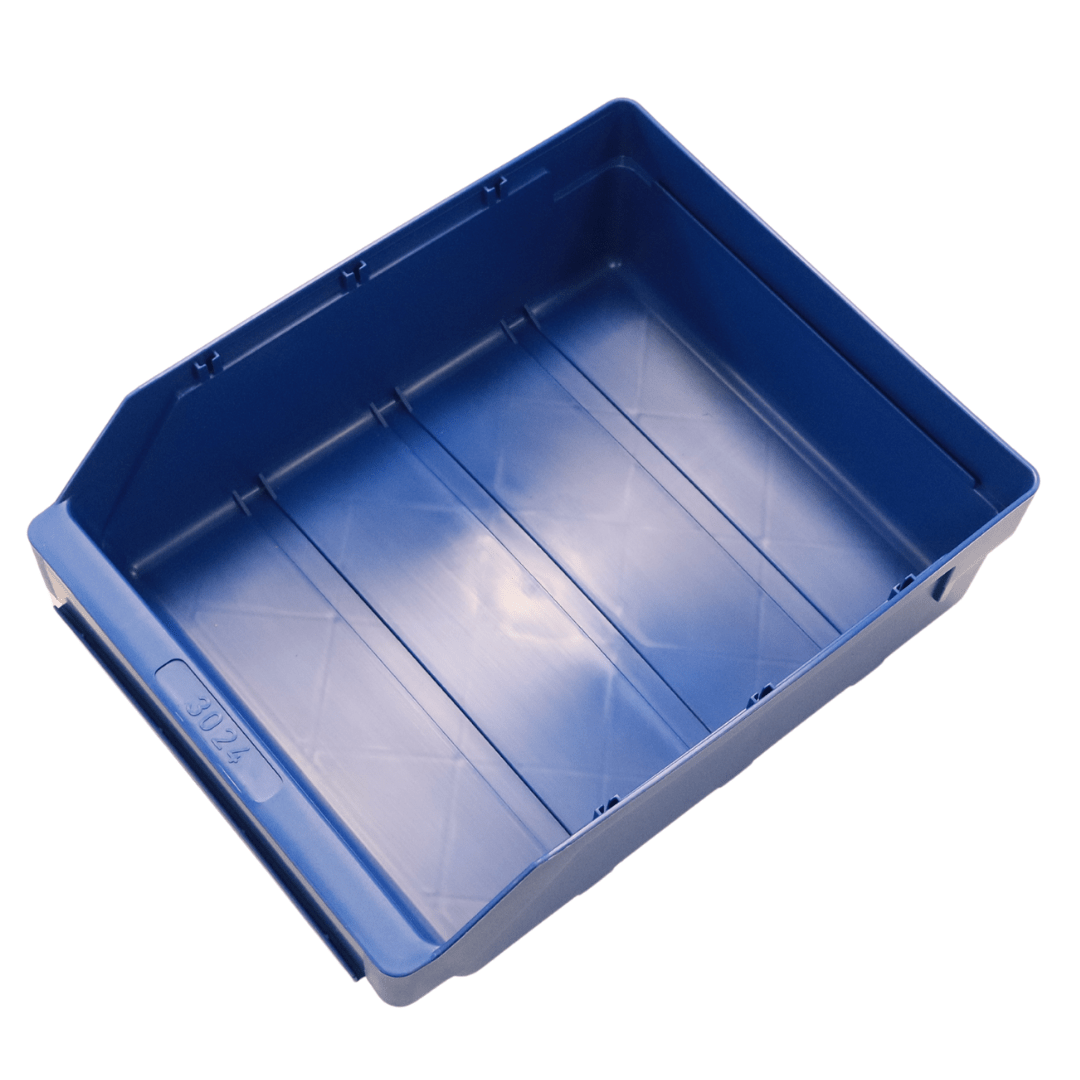 RackZone ST3024 blue shelf bin, 300x240x95mm, ideal for cabinet storage.