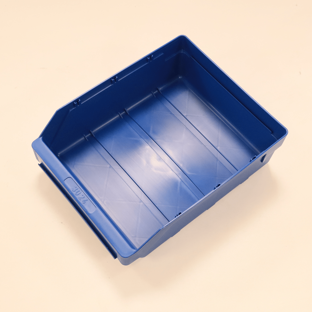 The RackZone ST3024 blue shelf bin is ideal for neat cabinet storage.