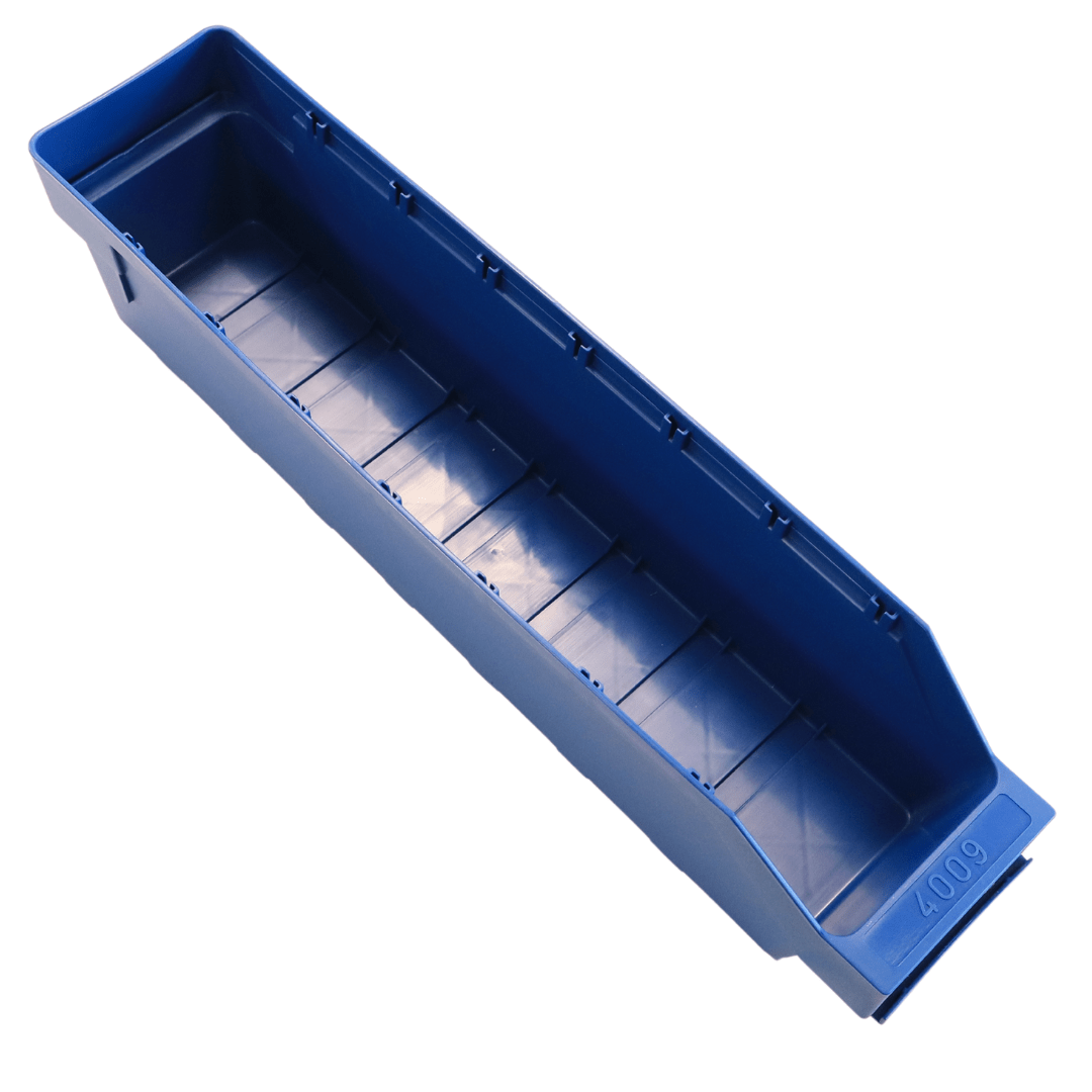 RackZone blue Standard Shelf Bin ST4009, 400d x 90w x 95h, top view.
